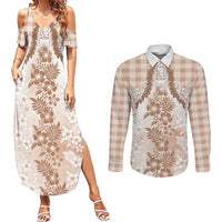 Aloha Hawaii Palaka Couples Matching Summer Maxi Dress and Long Sleeve Button Shirt Beige Plumeria Lei - Polynesian Pride
