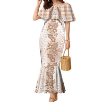 Aloha Hawaii Palaka Family Matching Mermaid Dress and Hawaiian Shirt Beige Plumeria Lei - Polynesian Pride