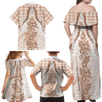 Aloha Hawaii Palaka Family Matching Off Shoulder Maxi Dress and Hawaiian Shirt Beige Plumeria Lei - Polynesian Pride