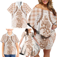 Aloha Hawaii Palaka Family Matching Off Shoulder Short Dress and Hawaiian Shirt Beige Plumeria Lei - Polynesian Pride