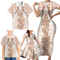 Aloha Hawaii Palaka Family Matching Short Sleeve Bodycon Dress and Hawaiian Shirt Beige Plumeria Lei - Polynesian Pride