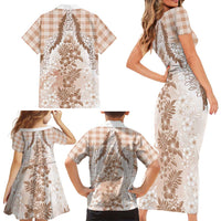 Aloha Hawaii Palaka Family Matching Short Sleeve Bodycon Dress and Hawaiian Shirt Beige Plumeria Lei - Polynesian Pride