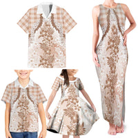 Aloha Hawaii Palaka Family Matching Tank Maxi Dress and Hawaiian Shirt Beige Plumeria Lei - Polynesian Pride