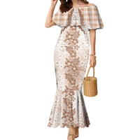 Aloha Hawaii Palaka Mermaid Dress Beige Plumeria Lei - Polynesian Pride