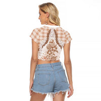 Aloha Hawaii Palaka Raglan Cropped T Shirt Beige Plumeria Lei LT05 - Polynesian Pride