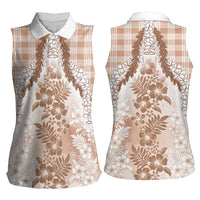 Aloha Hawaii Palaka Women Sleeveless Polo Shirt Beige Plumeria Lei - Polynesian Pride