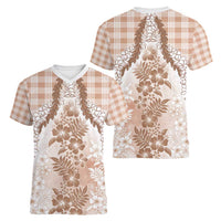 Aloha Hawaii Palaka Women V-Neck T-Shirt Beige Plumeria Lei - Polynesian Pride