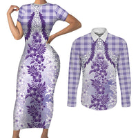 Aloha Hawaii Palaka Couples Matching Short Sleeve Bodycon Dress and Long Sleeve Button Shirt Purple Plumeria Lei - Polynesian Pride