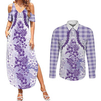 Aloha Hawaii Palaka Couples Matching Summer Maxi Dress and Long Sleeve Button Shirt Purple Plumeria Lei - Polynesian Pride