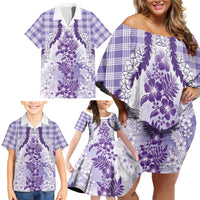 Aloha Hawaii Palaka Family Matching Off Shoulder Short Dress and Hawaiian Shirt Purple Plumeria Lei - Polynesian Pride