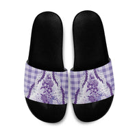 Aloha Hawaii Palaka Slide Sandals Purple Plumeria Lei - Polynesian Pride