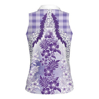 Aloha Hawaii Palaka Women Sleeveless Polo Shirt Purple Plumeria Lei - Polynesian Pride