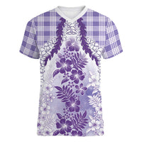Aloha Hawaii Palaka Women V-Neck T-Shirt Purple Plumeria Lei - Polynesian Pride