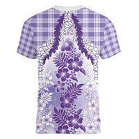 Aloha Hawaii Palaka Women V-Neck T-Shirt Purple Plumeria Lei - Polynesian Pride