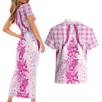 Aloha Hawaii Palaka Couples Matching Short Sleeve Bodycon Dress and Hawaiian Shirt Pink Plumeria Lei - Polynesian Pride
