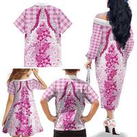 Aloha Hawaii Palaka Family Matching Off The Shoulder Long Sleeve Dress and Hawaiian Shirt Pink Plumeria Lei - Polynesian Pride