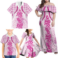 Aloha Hawaii Palaka Family Matching Off Shoulder Maxi Dress and Hawaiian Shirt Pink Plumeria Lei - Polynesian Pride