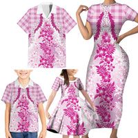 Aloha Hawaii Palaka Family Matching Short Sleeve Bodycon Dress and Hawaiian Shirt Pink Plumeria Lei - Polynesian Pride