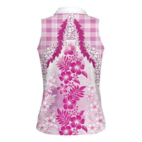 Aloha Hawaii Palaka Women Sleeveless Polo Shirt Pink Plumeria Lei - Polynesian Pride