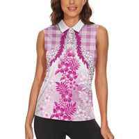 Aloha Hawaii Palaka Women Sleeveless Polo Shirt Pink Plumeria Lei - Polynesian Pride