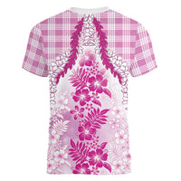 Aloha Hawaii Palaka Women V-Neck T-Shirt Pink Plumeria Lei - Polynesian Pride
