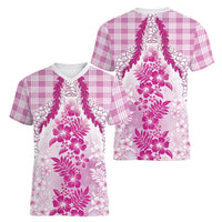 Aloha Hawaii Palaka Women V-Neck T-Shirt Pink Plumeria Lei - Polynesian Pride