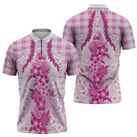 Aloha Hawaii Palaka Zipper Polo Shirt Pink Plumeria Lei - Polynesian Pride