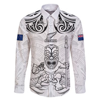 Custom New Zealand Maori Taiaha Family Matching Puletasi and Hawaiian Shirt Tiki Warrior White LT05 Dad's Shirt - Long Sleeve White - Polynesian Pride