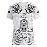 Custom New Zealand Maori Taiaha Women V Neck T Shirt Tiki Warrior White LT05 Female White - Polynesian Pride
