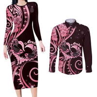 New Zealand Valentine Couples Matching Long Sleeve Bodycon Dress and Long Sleeve Button Shirt Aroha Sweet Pink Piwakawaka LT05 Pink - Polynesian Pride