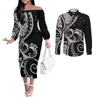 New Zealand Valentine Couples Matching Off The Shoulder Long Sleeve Dress and Long Sleeve Button Shirt Aroha Gray Piwakawaka LT05 Gray - Polynesian Pride