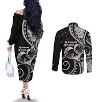 New Zealand Valentine Couples Matching Off The Shoulder Long Sleeve Dress and Long Sleeve Button Shirt Aroha Gray Piwakawaka LT05 - Polynesian Pride