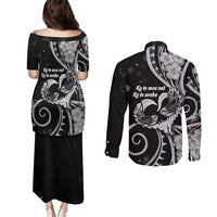 New Zealand Valentine Couples Matching Puletasi and Long Sleeve Button Shirt Aroha Gray Piwakawaka LT05 - Polynesian Pride