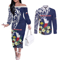 Personalised Wake Island Couples Matching Off The Shoulder Long Sleeve Dress and Long Sleeve Button Shirt Tribal Pattern With Hibiscus Flowers