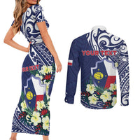 Personalised Wake Island Couples Matching Short Sleeve Bodycon Dress and Long Sleeve Button Shirt Tribal Pattern With Hibiscus Flowers