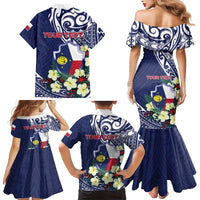 Personalised Wake Island Family Matching Mermaid Dress and Hawaiian Shirt Tribal Pattern With Hibiscus Flowers