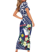 Personalised Wake Island Short Sleeve Bodycon Dress Tribal Pattern With Hibiscus Flowers
