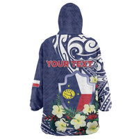 Personalised Wake Island Wearable Blanket Hoodie Tribal Pattern With Hibiscus Flowers