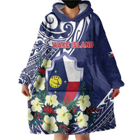 Personalised Wake Island Wearable Blanket Hoodie Tribal Pattern With Hibiscus Flowers