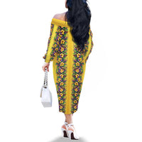 Aloha Hawaii Mardi Gras Family Matching Off The Shoulder Long Sleeve Dress and Hawaiian Shirt Gold Style