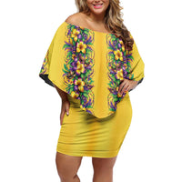 Aloha Hawaii Mardi Gras Family Matching Off Shoulder Short Dress and Hawaiian Shirt Gold Style