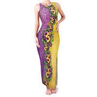 Hawaii Mardi Gras Family Matching Tank Maxi Dress and Hawaiian Shirt Plumeria Lei Beads Glitter Style