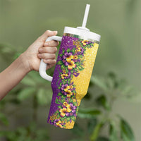 Hawaii Mardi Gras Tumbler With Handle Plumeria Lei Beads Glitter Style LT05 - Polynesian Pride