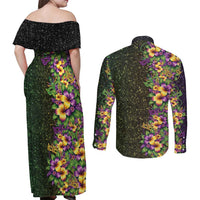 Hawaii Mardi Gras Couples Matching Off Shoulder Maxi Dress and Long Sleeve Button Shirt Tropical Flowers Glitter Style LT05 - Polynesian Pride