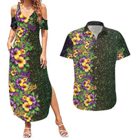 Hawaii Mardi Gras Couples Matching Summer Maxi Dress and Hawaiian Shirt Tropical Flowers Glitter Style
