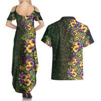 Hawaii Mardi Gras Couples Matching Summer Maxi Dress and Hawaiian Shirt Tropical Flowers Glitter Style