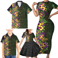 Hawaii Mardi Gras Family Matching Short Sleeve Bodycon Dress and Hawaiian Shirt Tropical Flowers Glitter Style