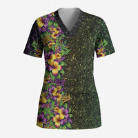 Hawaii Mardi Gras Scrub Top Tropical Flowers Glitter Style