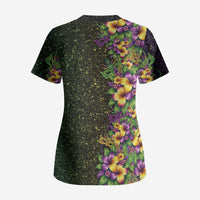 Hawaii Mardi Gras Scrub Top Tropical Flowers Glitter Style
