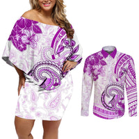 Polynesia Paisley Couples Matching Off Shoulder Short Dress and Long Sleeve Button Shirt Mix Pink Polynesian Pattern LT05 Pink - Polynesian Pride